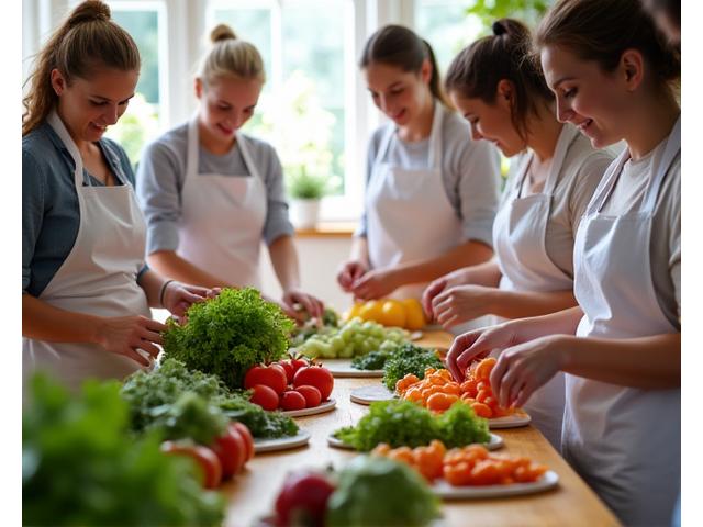 グループでヘルシーな料理を準備するクッキングクラス